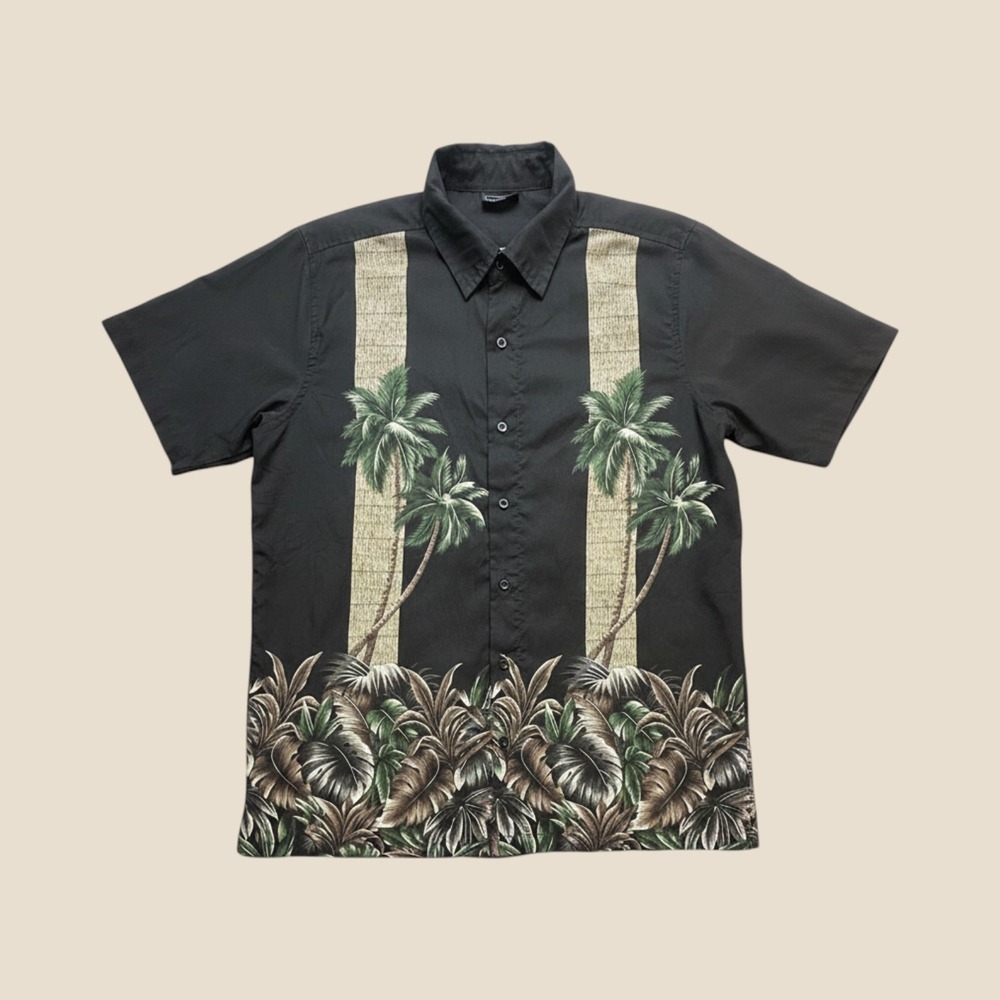 Urban Pipeline Shirt Mens L Short Sleeve Button Down Black Tropical Palm Tree